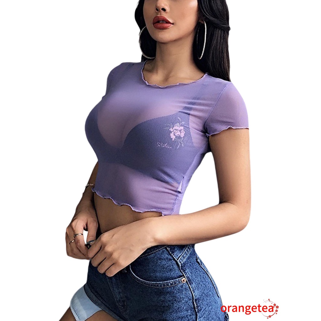 Áo croptop ngắn tay xuyên thấu gợi cảm dành cho nữ