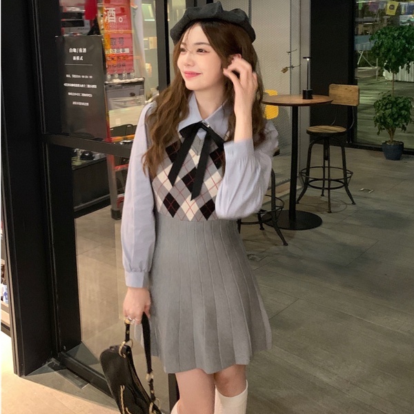 【ZHELIHANGFEI】 / Áo Len Không Tay Dệt Kim Sọc Caro Mùa Xuân