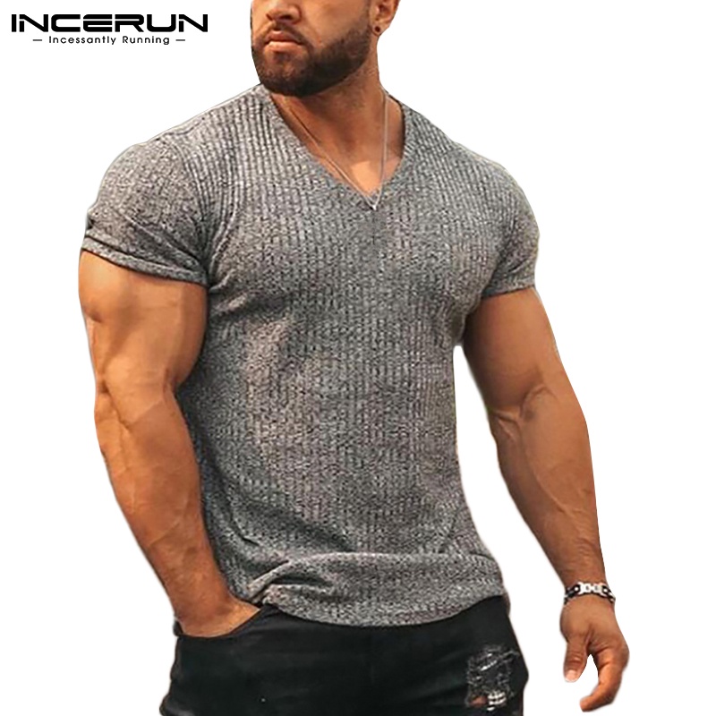 Áo thun INCERUN tay ngắn cổ chữ V màu trơn thời trang mùa hè sành điệu cho nam