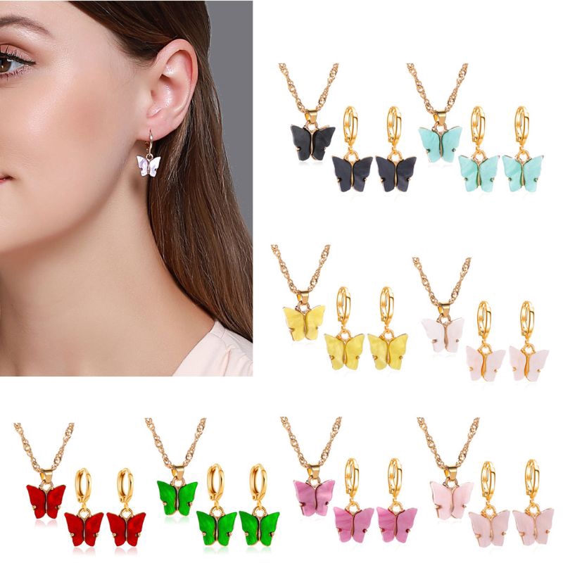 Set Dây Chuyền + Bông Tai Hình Bướm Chất Liệu Acrylic Thời Trang Sang Trọng