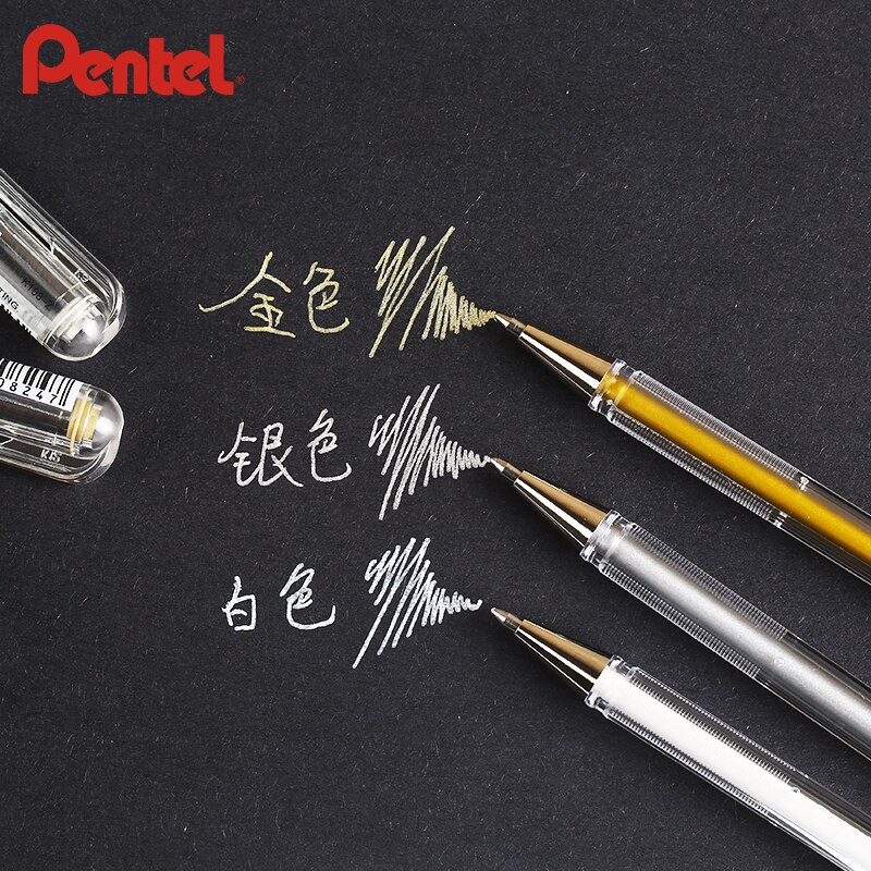 Bút Nhũ Pentel K108 Hybrid Roller | Màu Nhũ Tươi Sáng Nhanh Khô Không Lem Nhòe | Ngòi 0.8mm 3 Màu Mực (vàng, bạc, trắng)