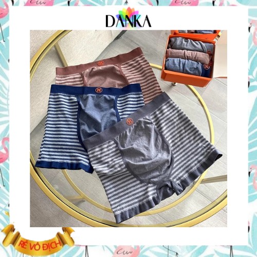 Quần lót sịp xì đùi nam Boxer Briefs Kẻ sọc ngang Hộp 3 chiếc chữ H vải cotton co giãn DANKASTORE