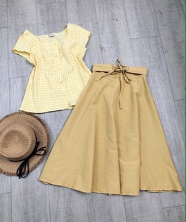 SET ÁO KARO + CHÂN VÁY MIDI XOÈ