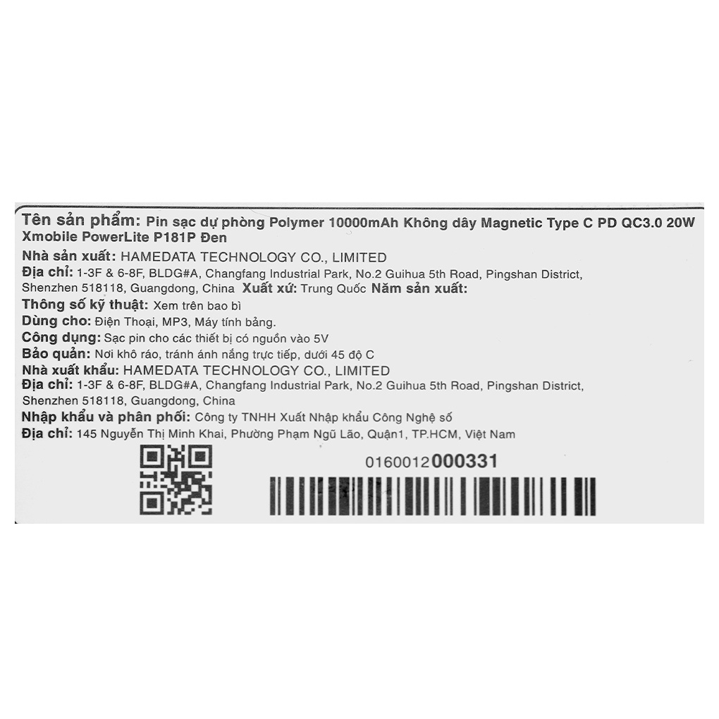 Pin sạc dự phòng Polymer 10000mAh Không dây Magnetic Type C QC3.0 Xmobile PowerLite P181P Đen