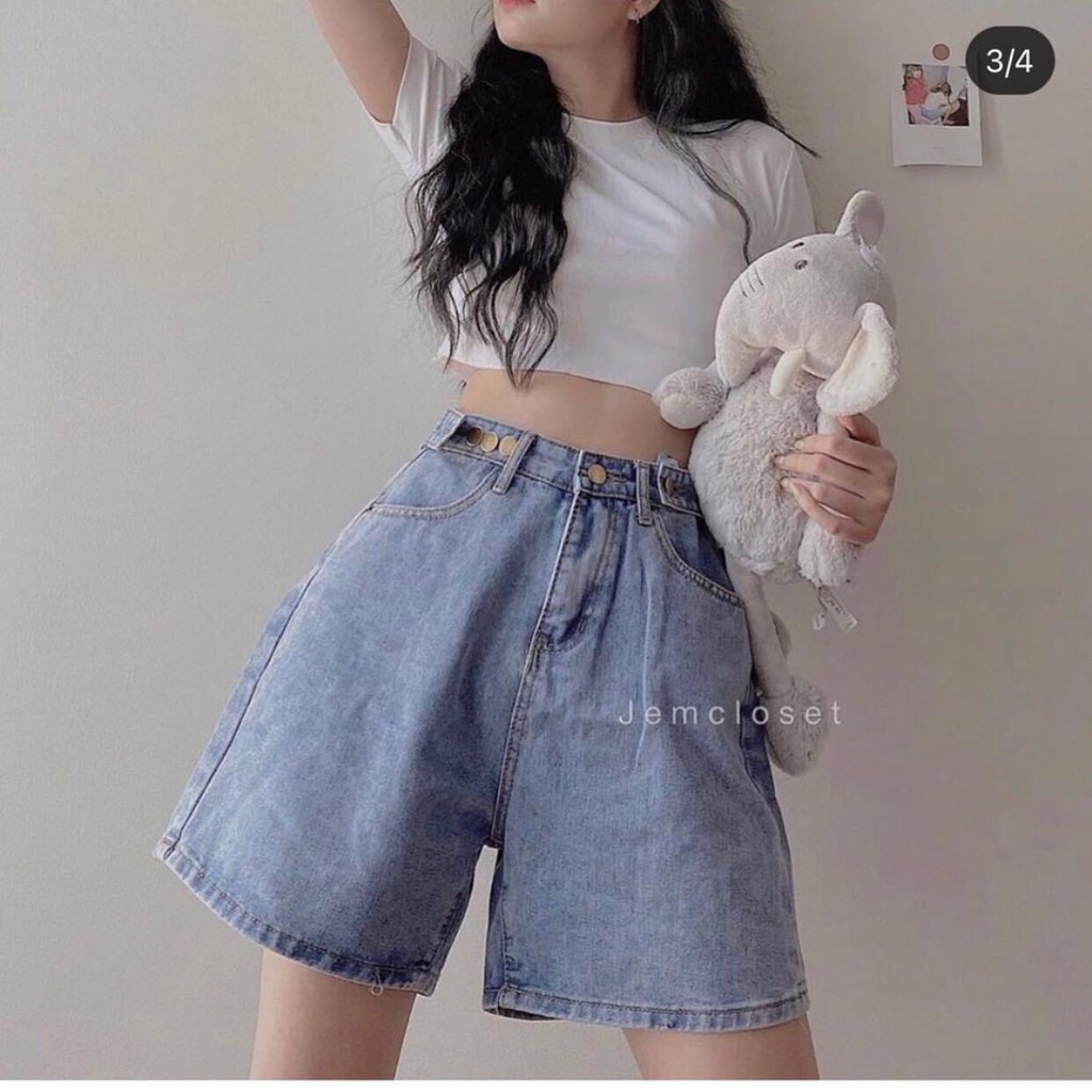 Quần đùi jean ống rộng / Quần shorts jean ống rộng nút thắt ulzzang Q32