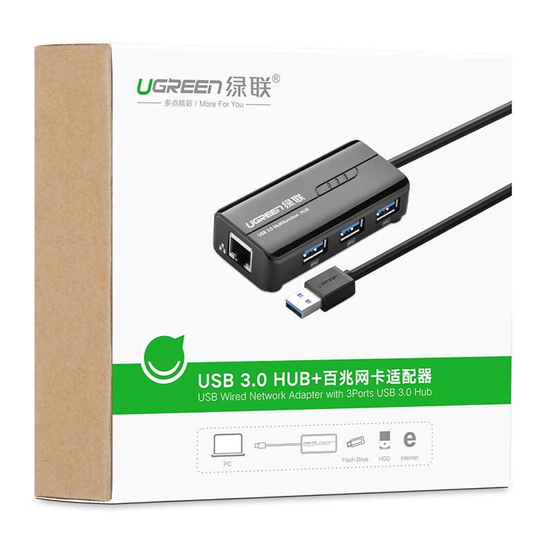 HUB USB 3 cổng 3.0 kèm cổng mạng LAN 10/100 Mbps Ethernet UGREEN CR103 - Hàng phân phối chính hãng - Bảo hành 18 tháng