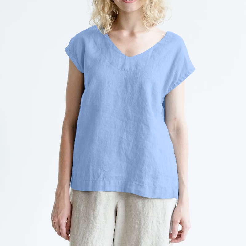 Áo nữ ZANZEA tay ngắn cổ V màu trơn đơn giản thời trang