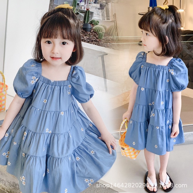 Váy Bé Gái Dáng Babydoll Suông Xòe Nhiều Tầng Xanh Hoa Cúc Trắng Cho Bé Từ 1 đến 6 Tuổi