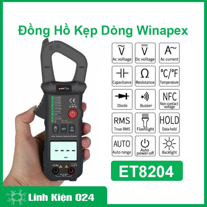 Đồng hồ kẹp dòng Winapex ET8204, kìm kẹp dòng kỹ thuật số màn hình LCD đo điện vạn năng