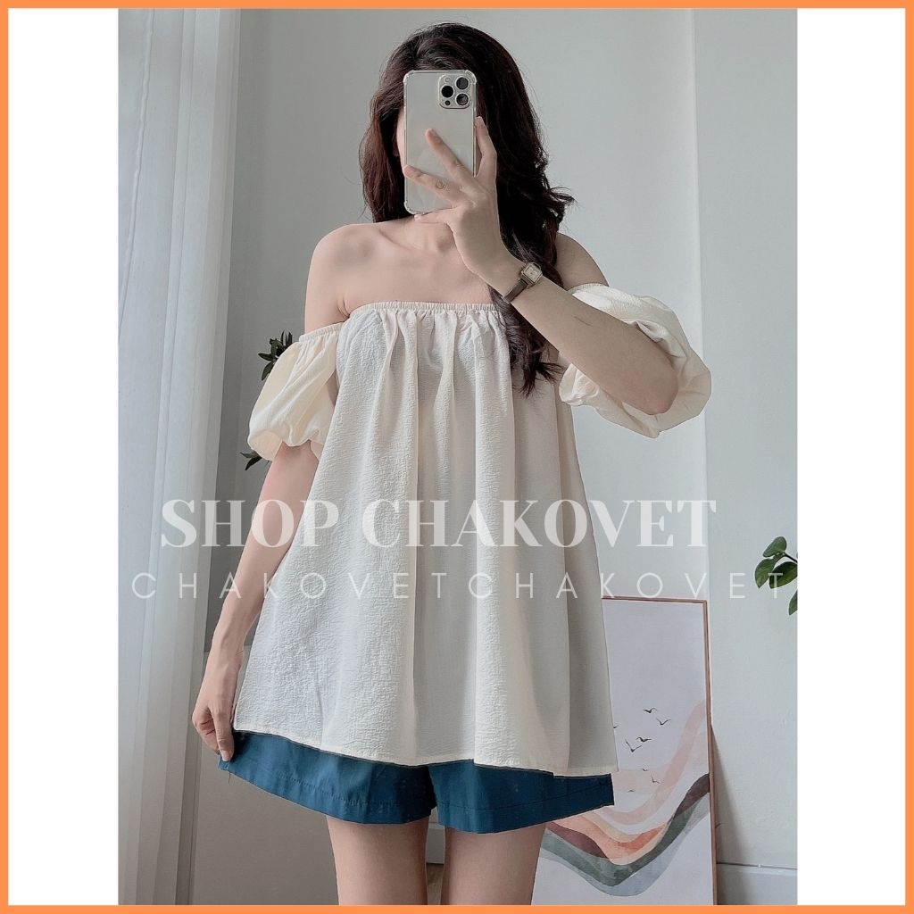 Set đồ nữ bộ mùa hè S8247 áo kiểu nữ trễ vai tay bồng babydoll kèm quần đùi bánh bèo sang chảnh freesize -CHAKOVET