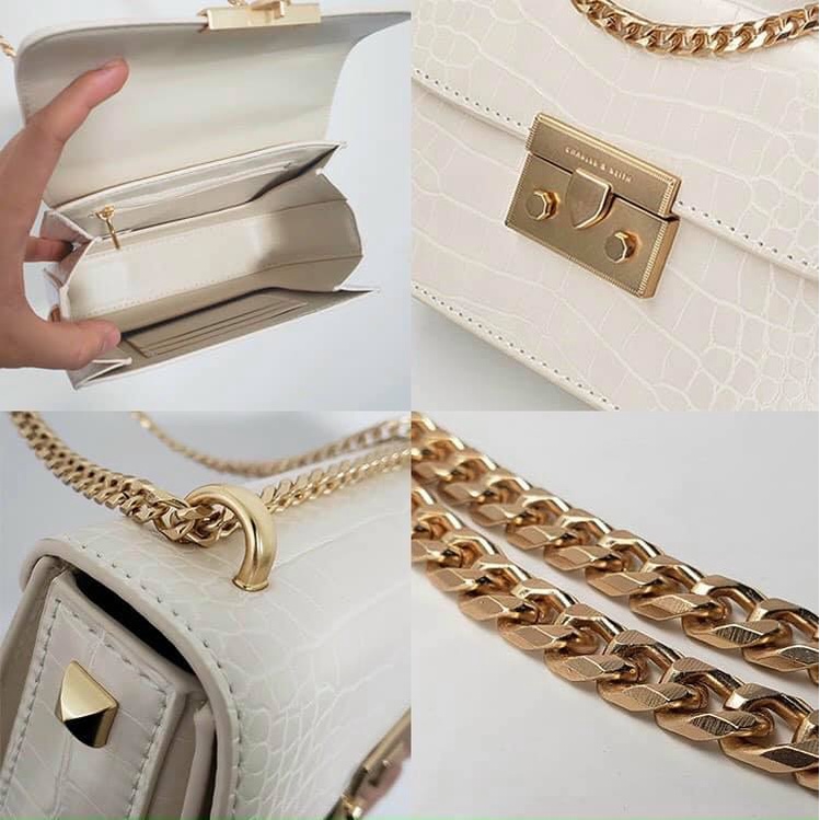 Túi đeo chéo nữ da croc bóng xích vàng tiểu thư Charles & Keith | Auth - Sing - Ảnh thật