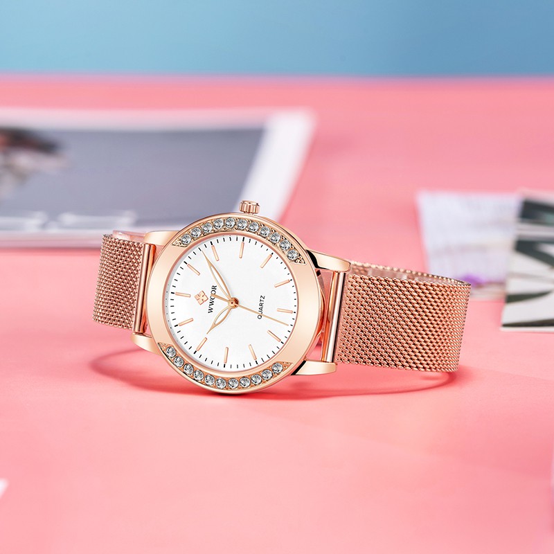 Đồng hồ WWOOR 8877 máy quartz thép không gỉ mạ vàng hồng chống thấm nước thời trang