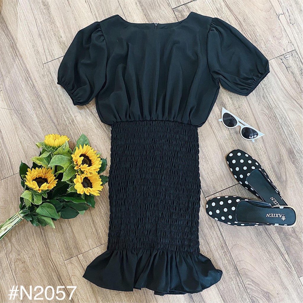 [ẢNH THẬT TRẢI SÀN] ĐẦM ĐEN NỮ TAY PHỒNG BO CHUN ÔM DÁNG SIỂU XINH - JEANIE DRESS | BigBuy360 - bigbuy360.vn