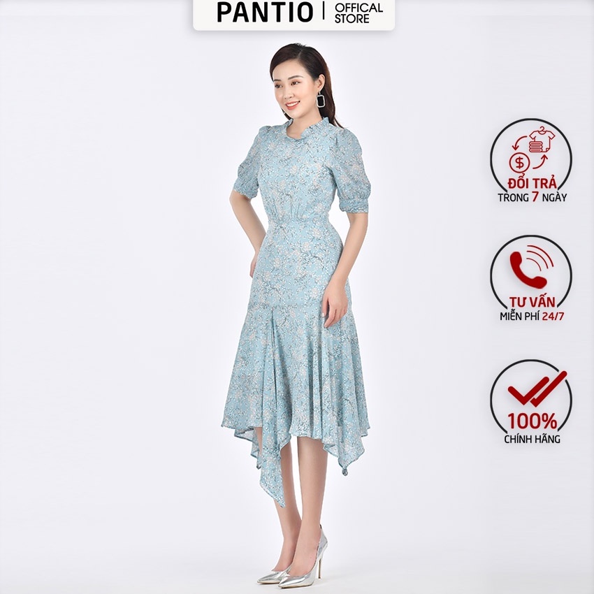 Đầm công sở vải phi cát hoa, dáng đầm dài cổ tròn tay lỡ đính thêm bèo nhún điệu đà FDC32992 - PANTIO