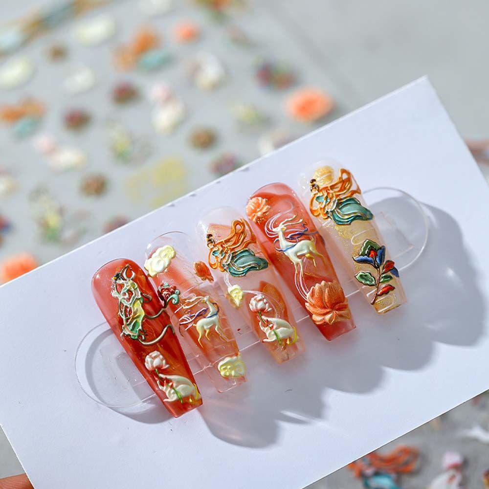 Nhãn Dán Trang Trí Móng Tay Tự Dính Họa Tiết Dập Nổi 5D Phong Cách Trung Hoa