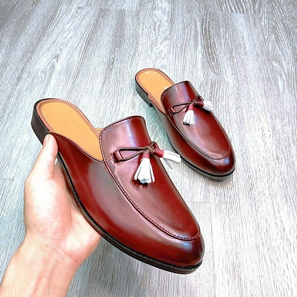 Giày sục da nam đánh màu patina nâu buộc nơ may full viền đế cao su da cao cấp mới nhất 2023