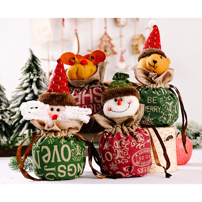 Túi Đựng Quà Giáng Sinh Dây Rút Hình Ông Già Noel, Người Tuyết, Tuần Lộc Nhiều Mẫu Và Kích Cỡ