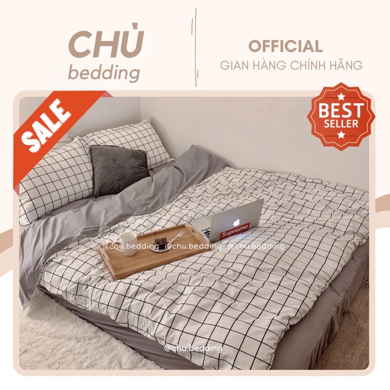 [FREESHIP] Bộ chăn ga poly cotton kẻ trắng