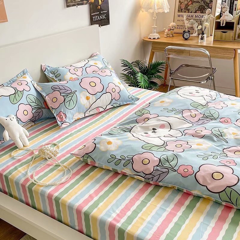 Chăn ga gối cotton poly - Mẫu thỏ hoa hồng