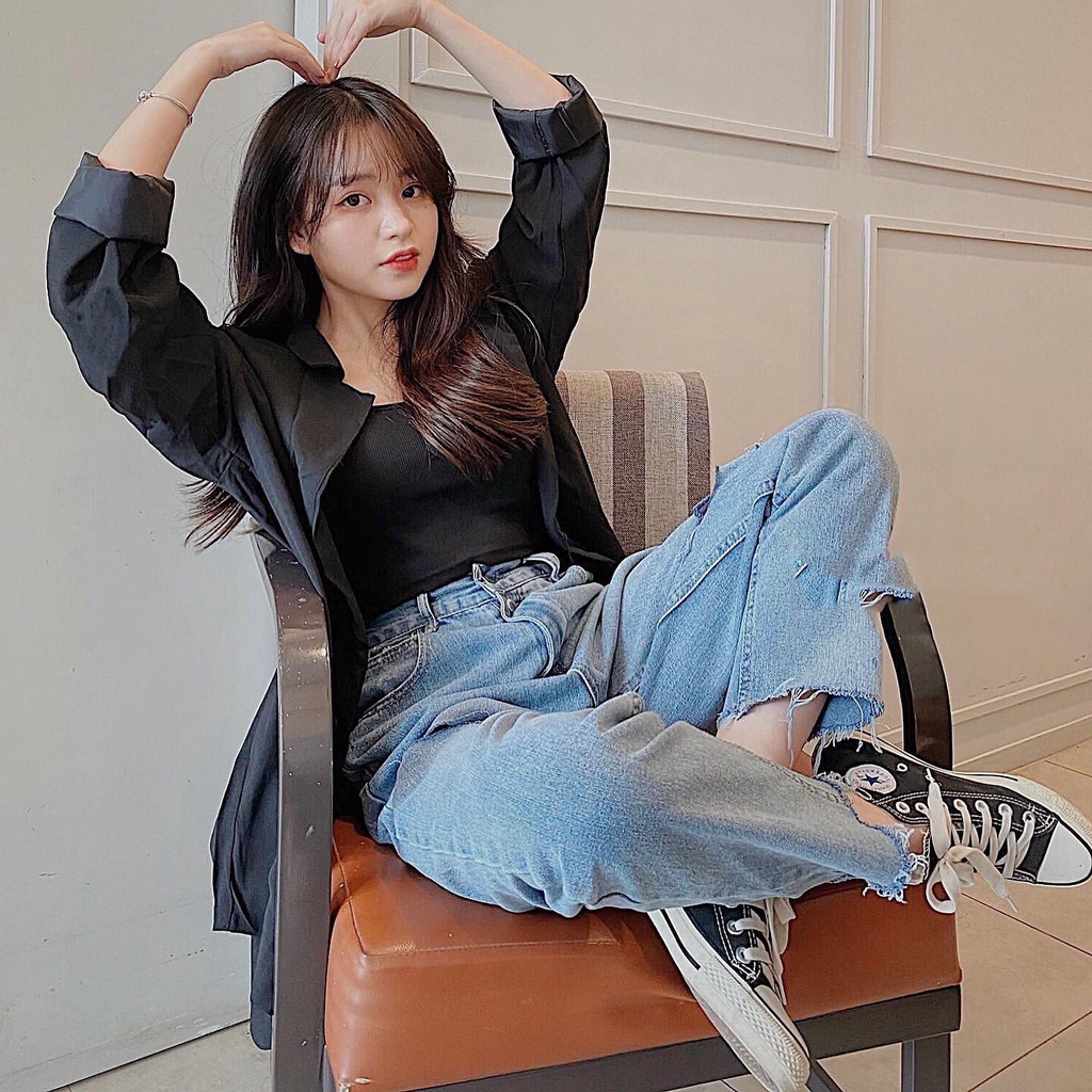 Quần Jean Nữ Baggy Cạp Cao Jeans Xanh Rách Gối Lưng Chun Phong Cách Cá Tính Năng Động Chất Liệu Denim Dày Dặn PLO 2207