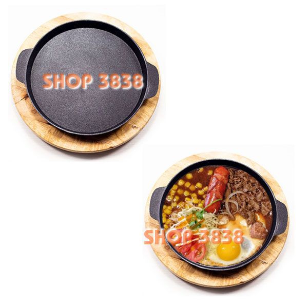 Combo 2 Chảo Gang Chống Dính - Nắp - Đế Gỗ  Làm Bò Né Bánh Xèo Steak
