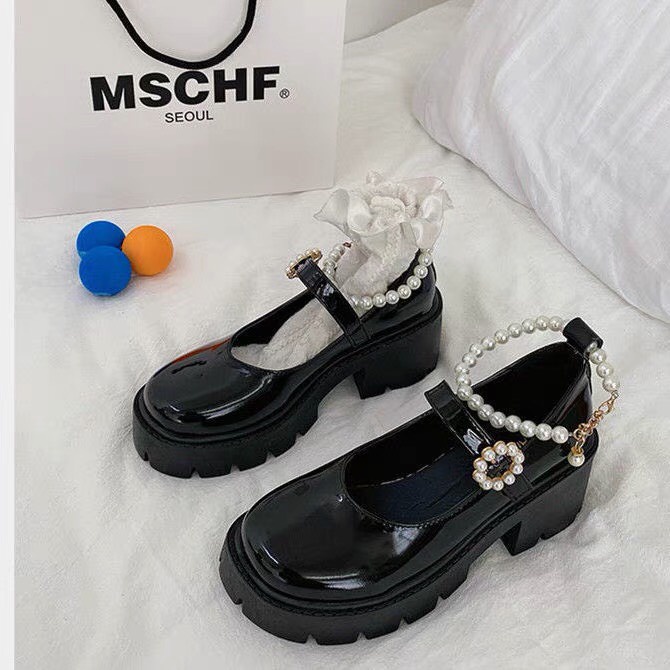 Giày búp bê nữ đế cao 5p gót vuông chất da bóng, Giày oxford nữ mũi tròn quai đính ngọc chất da bóng/ lì hottrend