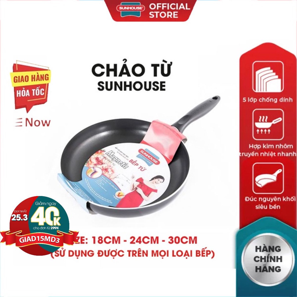 Chảo chống dính bếp từ SUNHOUSE 18 26 30 CM  5 Lớp siêu bền cao cấp hợp kim nhôm tay cầm chịu nhiệt