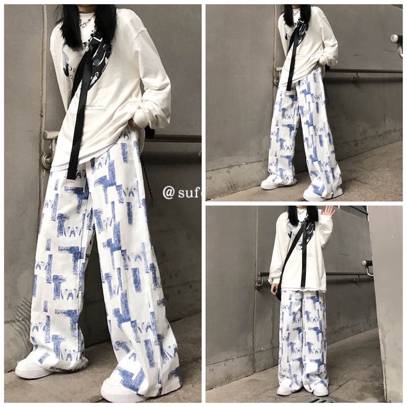 Unique1588 😍💘😻   quần thời trang Unisex dài ống rộng màu mực loang phong cách Hàn Quốc cá tính
