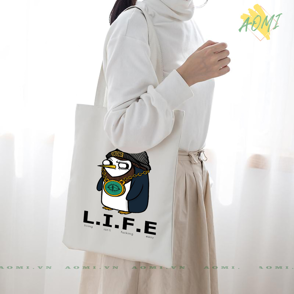 TÚI VẢI ĐEO VAI TOTE CANVAS BAG CÓ KHÓA KÉO SIZE LỚN 33x38cm CANH CUT LIFE EASY TCUTE XINH ĐẸP TIỆN ÍCH DẠO PHỐ DU LỊCH