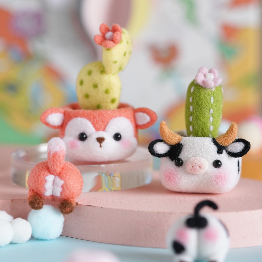 Bộ len chọc Chậu Cây Thú Cưng 6 bé, có hướng dẫn, quà tặng handmade ý nghĩa - Needle felting Pet