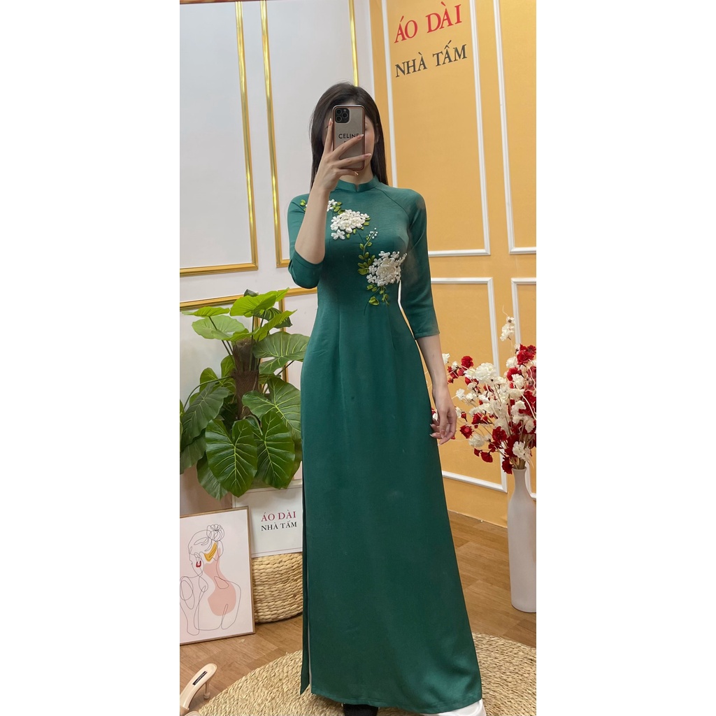 Áo Dài TC Màu Xanh Đính Hoa Trắng Cẩm Tú Cầu-H37