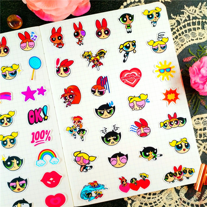 ★★★ Sticker Dán Trang Trí Nhật Ký Hình Powerpuff Girls Q-1 ★★★ Bộ 60 Hình Dán Thời Trang Trang Trí Album