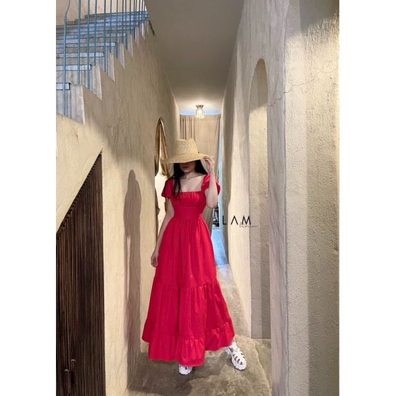Đầm maxi tay bồng xoè dài, cúp ngực nhún vải Linen- Màu hồng son