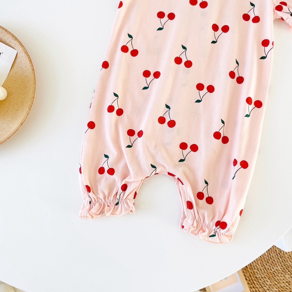 Áo liền quần SANLUTOZ cotton tay ngắn in họa tiết quả cherry xinh xắn mùa hè dành cho bé gái