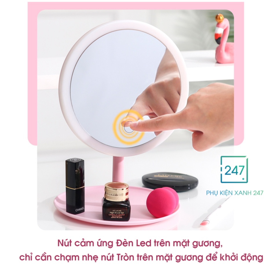 Gương trang điểm có đèn led cảm ứng 3 chế độ sáng, gương để bàn cute hình tròn kiểu dáng Hàn Quốc