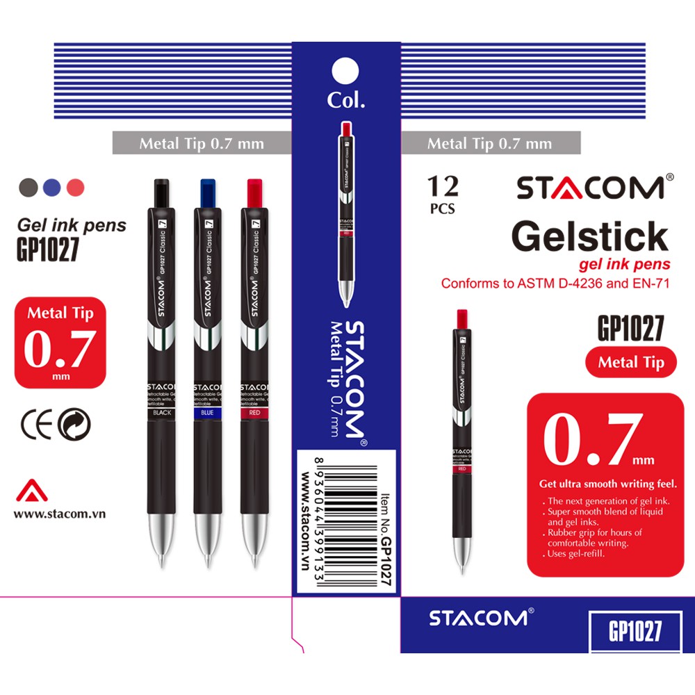 [SET 5 CÂY] Bút ký đầu bấm 0.7mm màu xanh STACOM GP1027