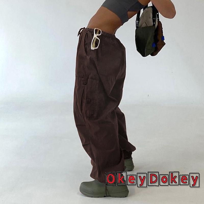 Quần Dài Ống Rộng Dây Rút Phối Túi Màu Trơn Phong Cách Retro Cho Nữ-Y2k