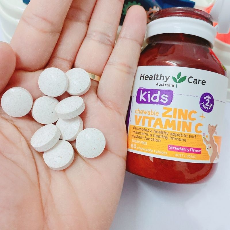 Viên nhai bổ sung kẽm vitamin C cho bé Healthy Care Kids Zinc + Vitamin C 60 viên Úc