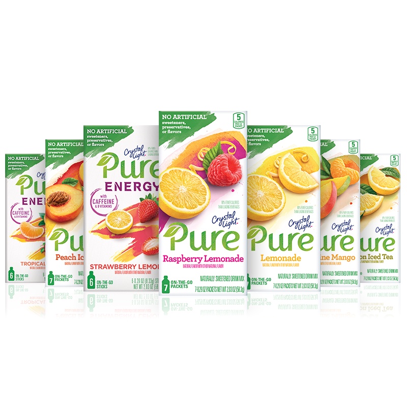 MIX 5 GÓI BỘT PHA NƯỚC TRÁI CÂY TỰ NHIÊN Crystal Light - DÒNG PURE KHÔNG ĐƯỜNG & HƯƠNG LIỆU NHÂN TẠO - ĂN KIÊNG