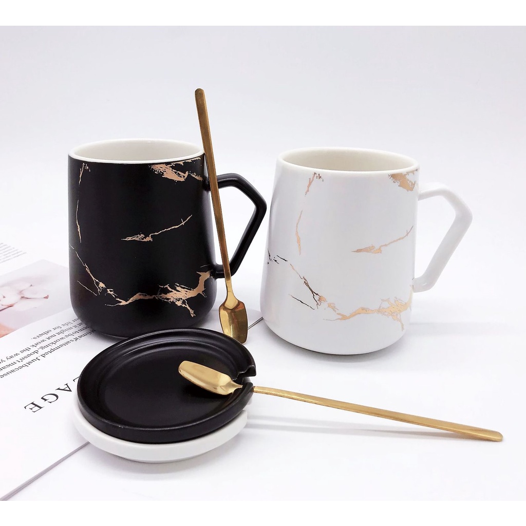 Cốc Uống Cafe, Đựng Kem Đánh Răng Gốm Sứ Cao Cấp Sang Trọng 400ml - Tặng Kèm Thìa