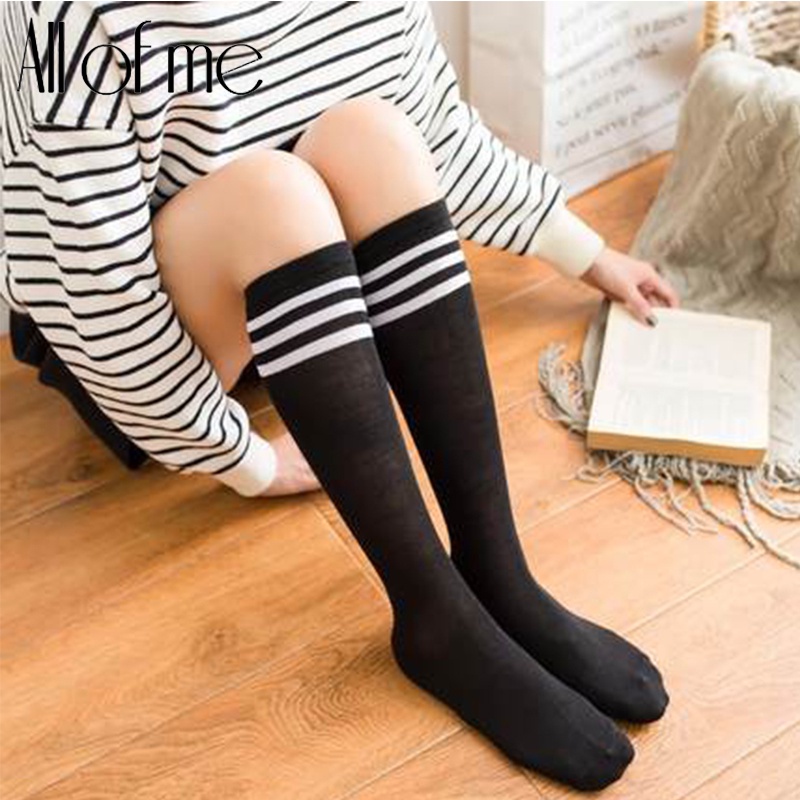 Vớ thể thao CUTEBYTE dài ngang đùi bằng vải cotton họa tiết sọc đen dễ thương phong cách harajuku quyến rũ cho nữ