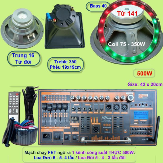 Mạch loa kéo 4 tấc đơn 500W Reverb chống hú DSP Livestream Equalizer 5 Band chạy FET IRFB32N15D kèm led nháy