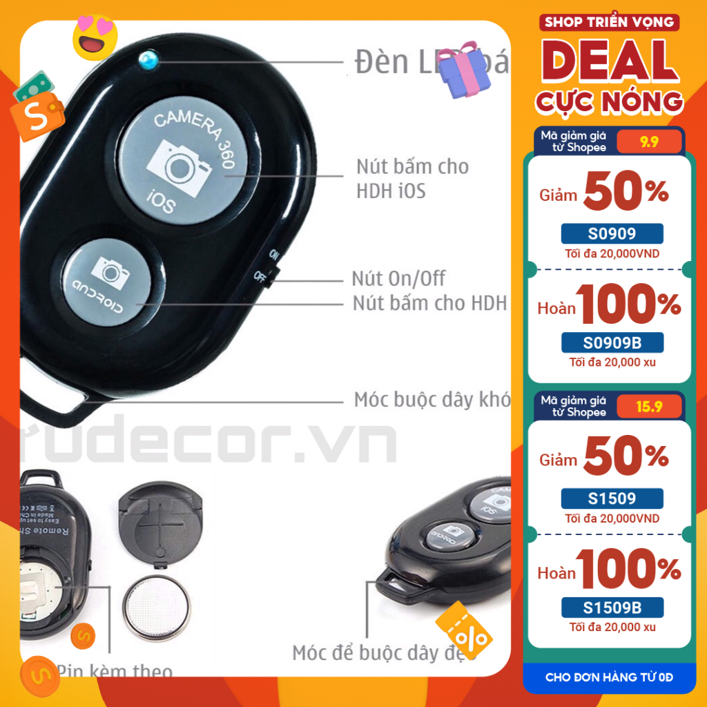 Nút Bấm Bluetooth Điều Khiển Từ Xa Chụp Ảnh Tự Động Cho điện thoại Smartphone, Android, Iphone