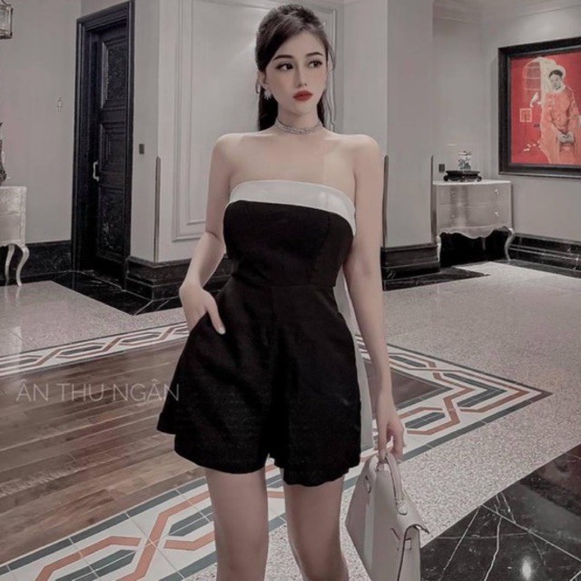 Jumpsuit Quây Đen Viền Cúp Ngực Trắng
