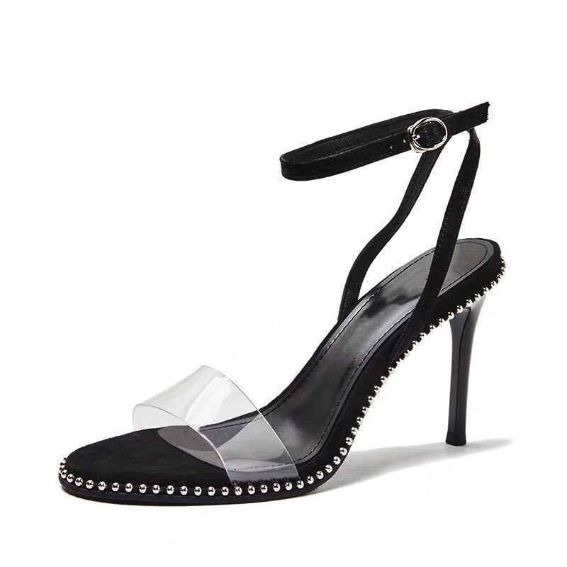 Women's Sexy Transparent Sandals for Summer2020New Rivet High Heels Stiletto Sexy Women's One-Character Buckle