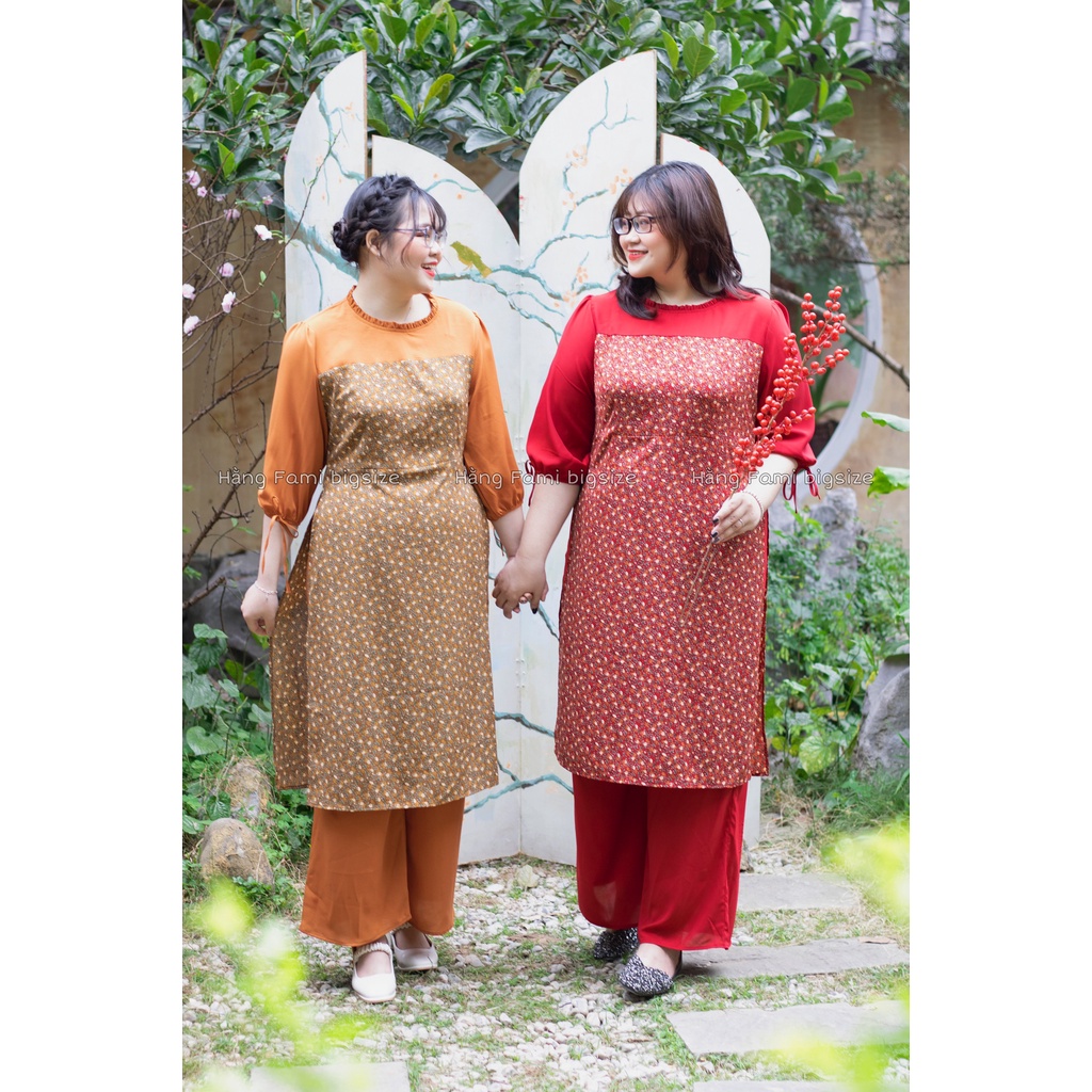 Áo dài hoa phối, tay bo chun nơ kèm quần bigsize (AD06) ( size 60kg - 95kg ) [Hằng Fami bigsize]
