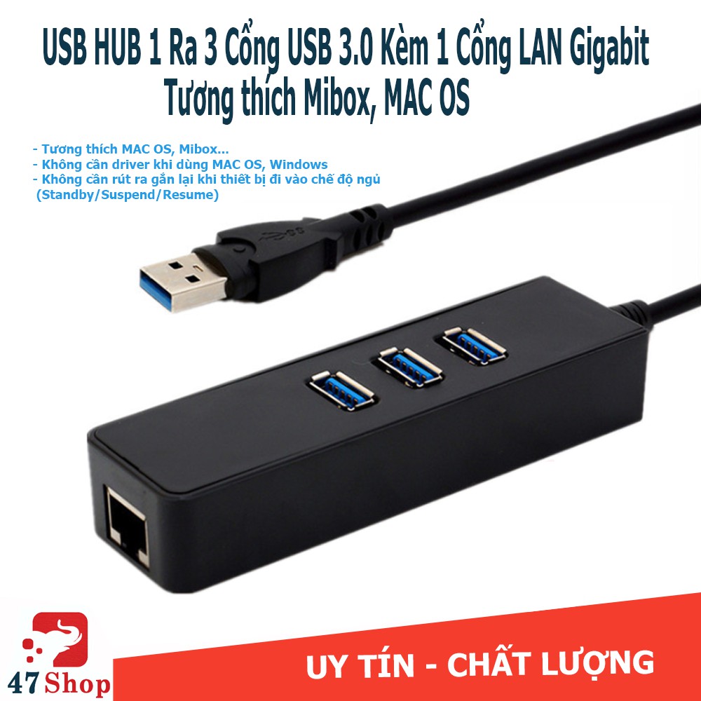 USB HUB 1 Ra 3 Cổng USB 3.0 Kèm 1 Cổng LAN 10/100/1000 Mbps - Tương thích Mibox, MAC OS