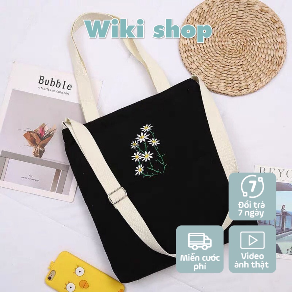 Túi tote HOA CÚC DAISY đeo hai kiểu cực xinh - Túi tote vải canvas đeo chéo đeo vai size rộng đi học đi chơi