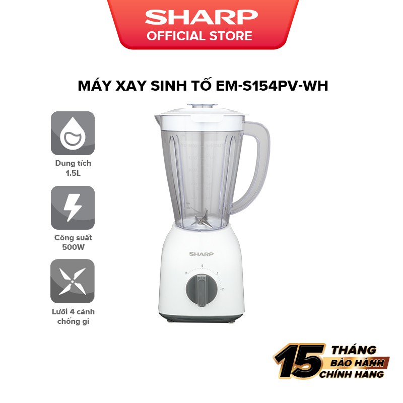 [Mã ELBAU10 giảm 10% đơn 500K] Máy Xay Sinh Tố Sharp EM-S154PV-WH 1.5L [Công suất: 400W, 2 Tốc Độ Xay] BH 12 Tháng