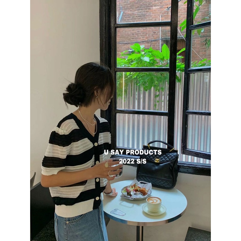 Áo Cardigan Ngắn Tay Họa Tiết Kẻ Sọc Thời Trang Mùa Hè Cho Nữ